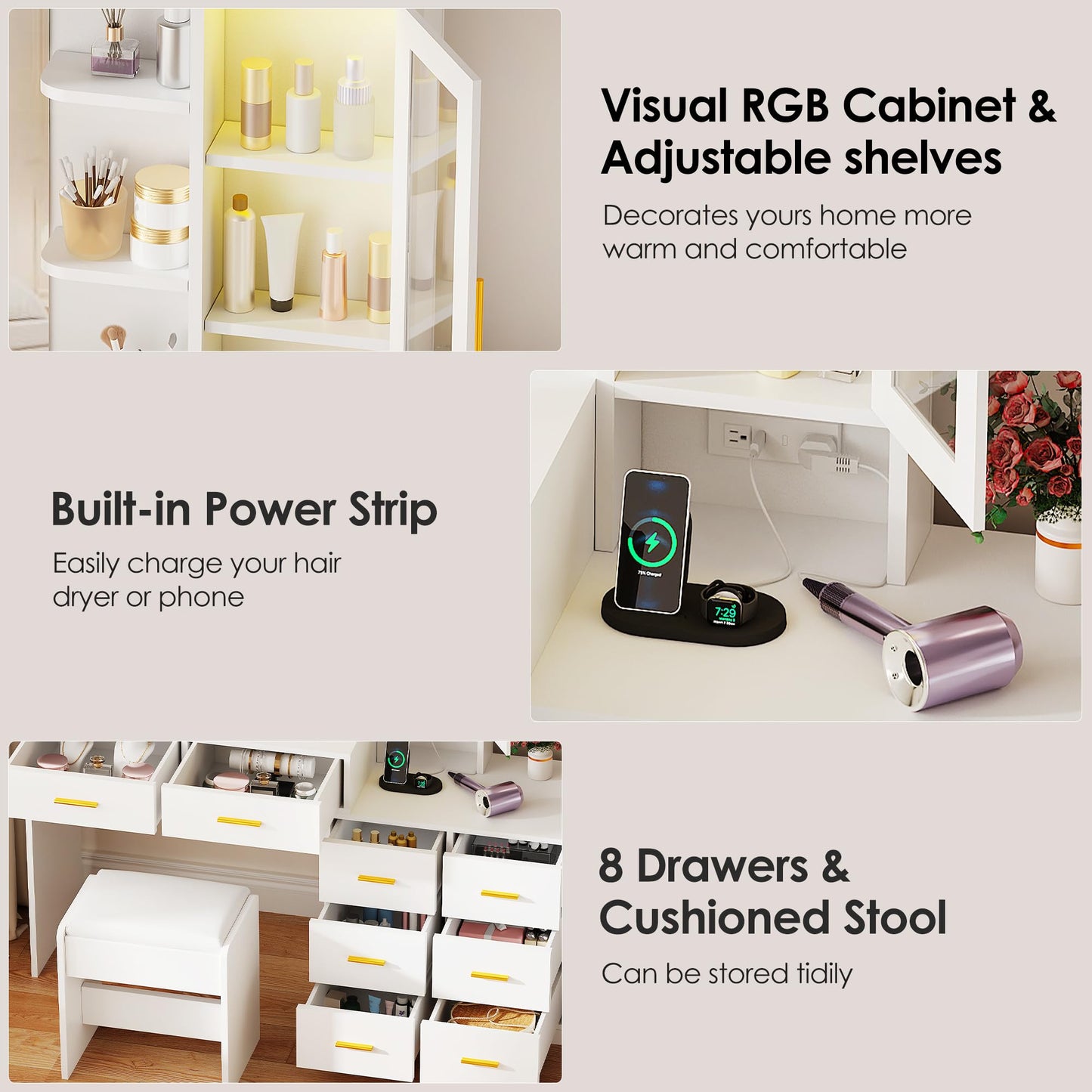 ANWBROAD 51.8" Makeup Vanity Desk with Mirror and Lights White Vanity Table with RGB Storage 8 Drawers Power Outlet Large Dresser Dressing Table with Storage Shelves Stool for Bedroom Girls UBDT77W