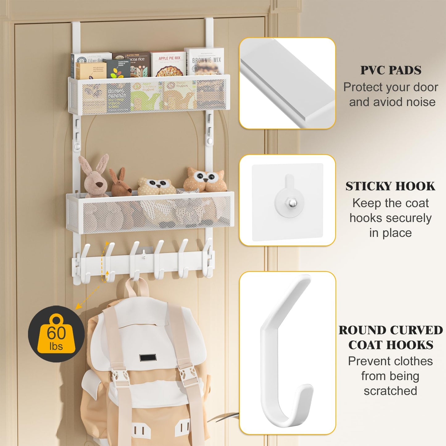 LUCYCAZ Adjustable Over The Door Hooks Organizer, Hanger Storage with 10 Coat Hooks & 2 Mesh Basket, Over The Door Towel Rack Organizer for Bathroom, Bedroom, Kitchen (White)