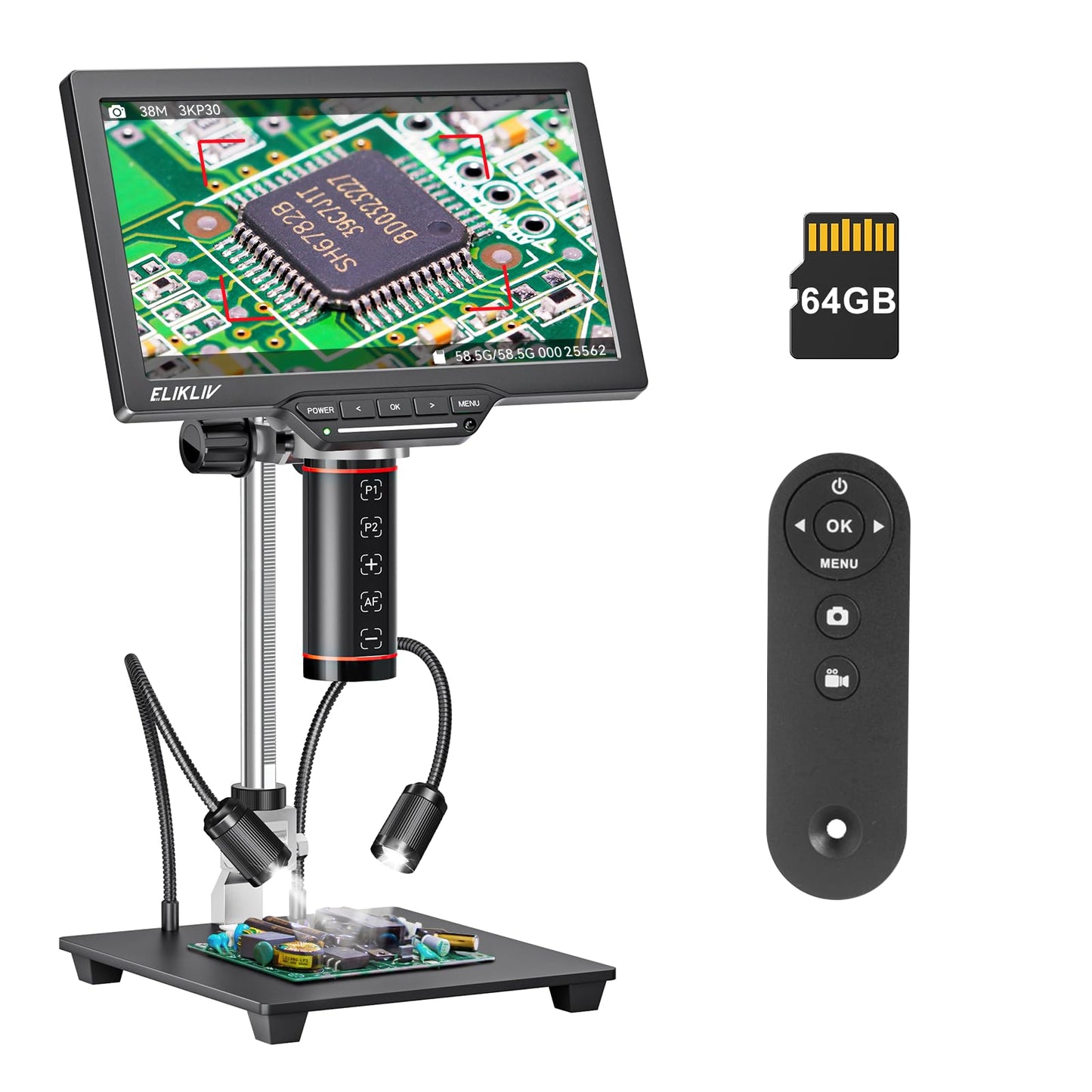 Elikliv Autofocus Digital Microscope EM3K-AF Max: 3K Coin Microscopes with 10.1 IPS Screen, HDMI Soldering Microscope for Electr
