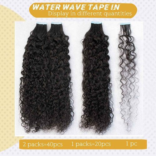 Loose Curly Tape in Human Hair Extensions 18Inch #1B Natural Black Water Wave Tape ins 100% Real Human Hair Extensions for Black Women Double Sided Skin Weft 40PCS 100G