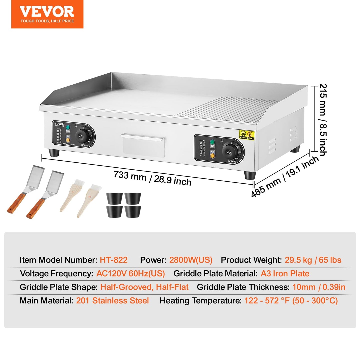 VEVOR Upgraded Commercial Electric Griddle, 2800W Countertop Half-Flat Top Grill, 122℉-572℉ Adjustable Temp, 29'' Stainless Steel Griddle Grill for Home or Restaurant(No Plug)