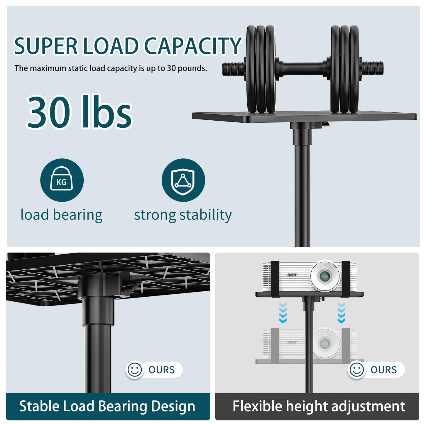 GLEAM Projector Stand Tripod from 23" to 51", Laptop Tripod Stand with Elastic Band, Height Adjustable for Office, Home, Stage, Studio, Multifunctional DJ Rack Stand