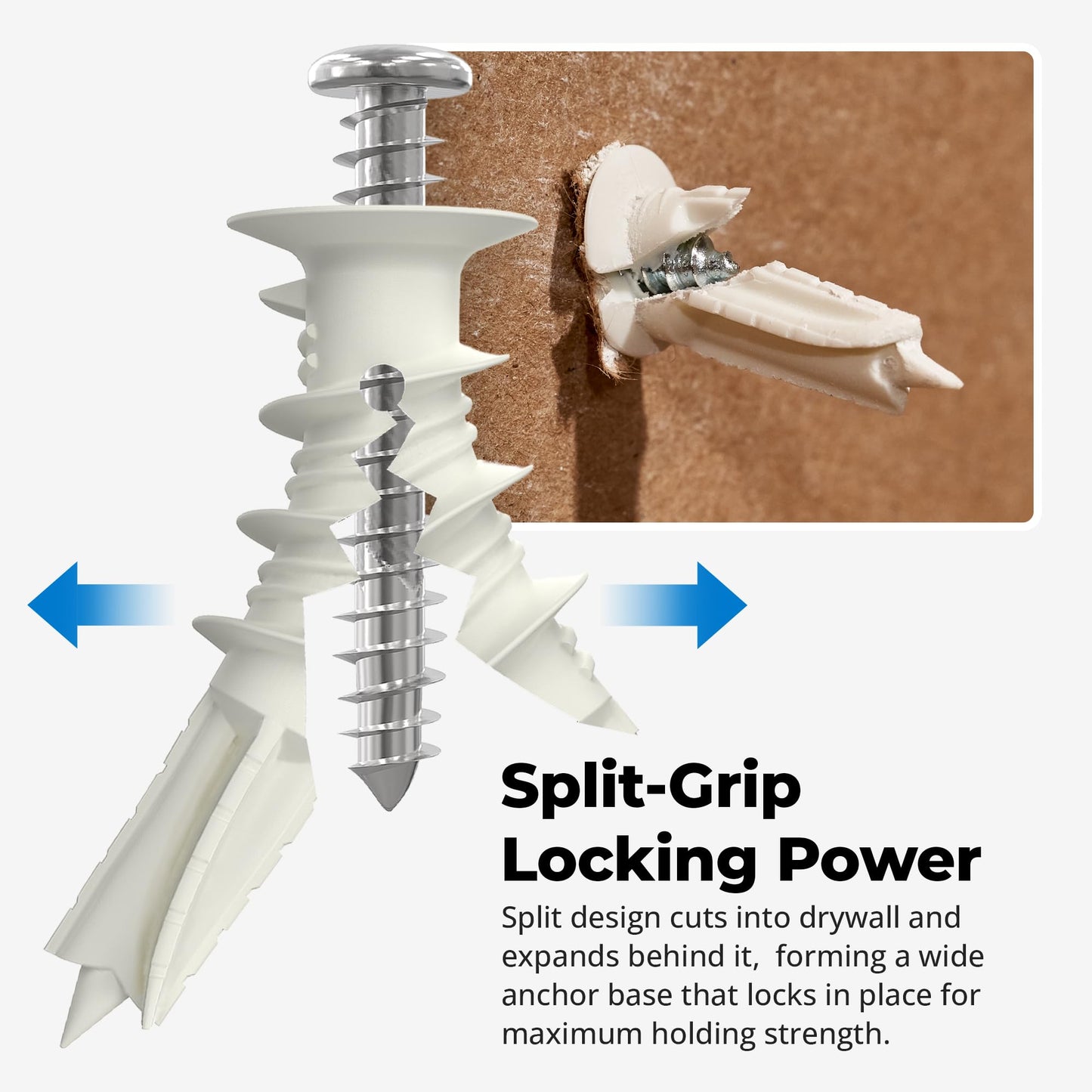 #8 Self Drilling Drywall Plastic Anchors with Screws - No Pre Drill Hole Preparation Required - 75 Lbs (25 Pack)