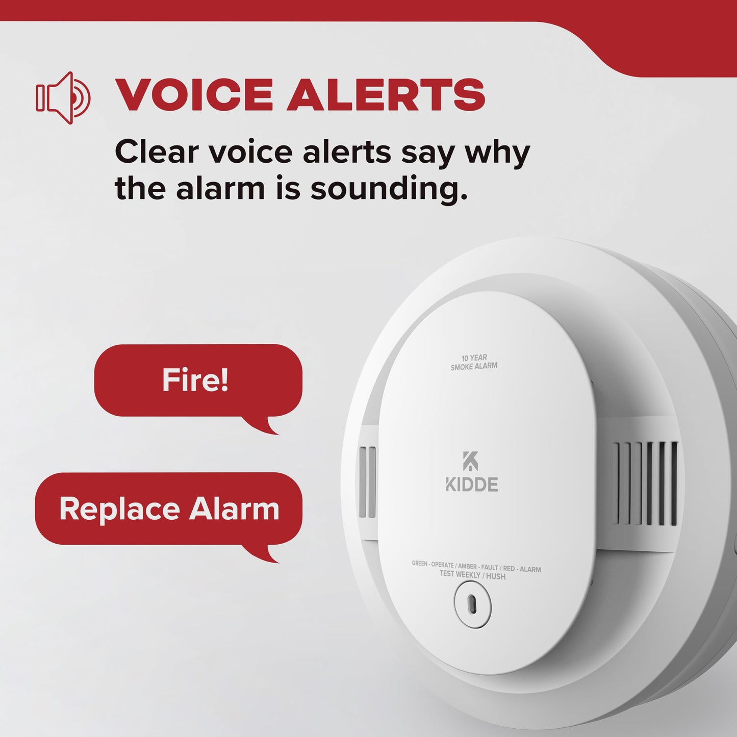 Kidde Smoke Detector, 10-Year Battery Powered, Voice Alerts, LED Warning Light Indicators, 20SD10-V