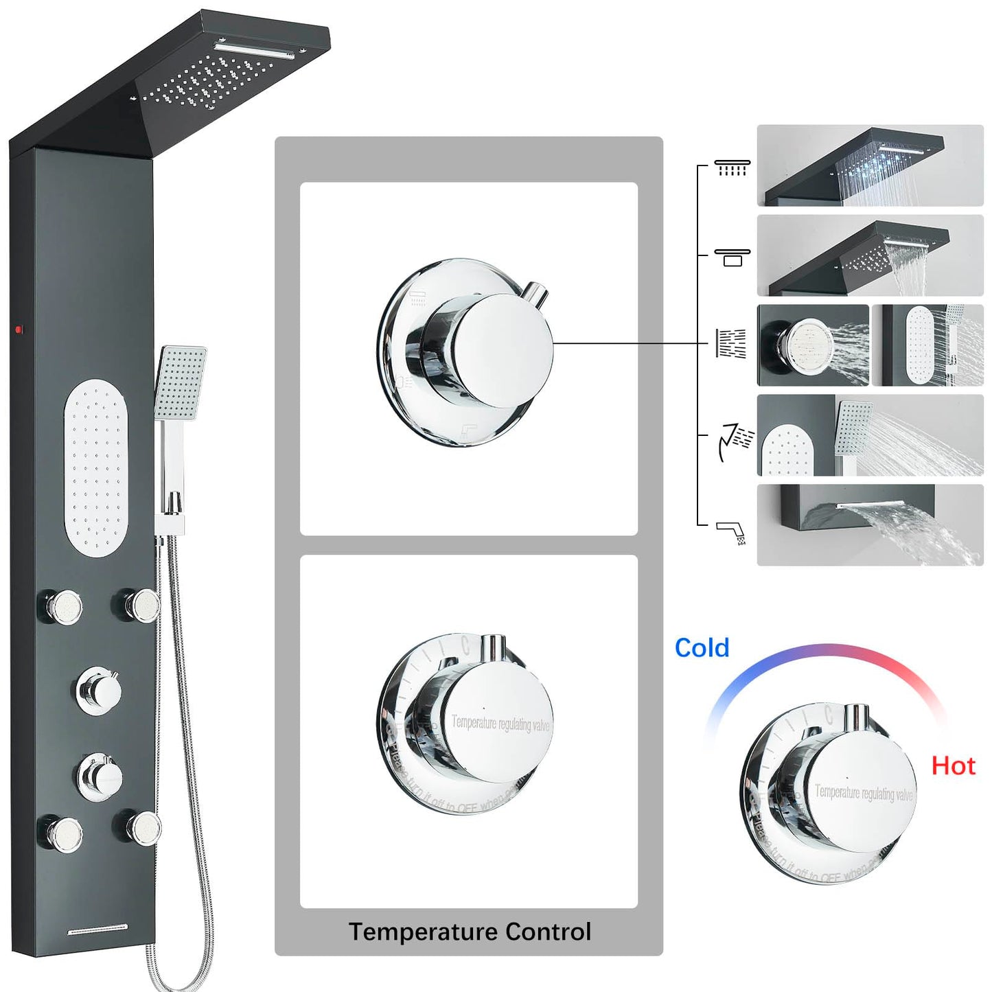 Luxury Shower Tower System with LED Shower Head, 5-Function Shower Column with Rainfall Waterfall Shower Head, 4 Body Jets, Handheld and Tub Spout,Body Waterfall Shower Panel Tower System Black-8125