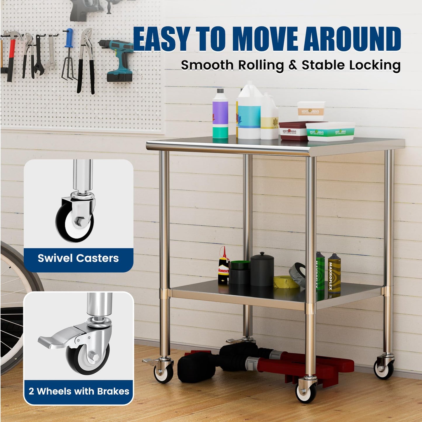Chingoo Stainless Steel Work Table with Wheels, 30x30 Inch NSF Kitchen Prep Table with Adjustable Undershelf for Commercial Restaurant, Garage, Outdoor BBQ