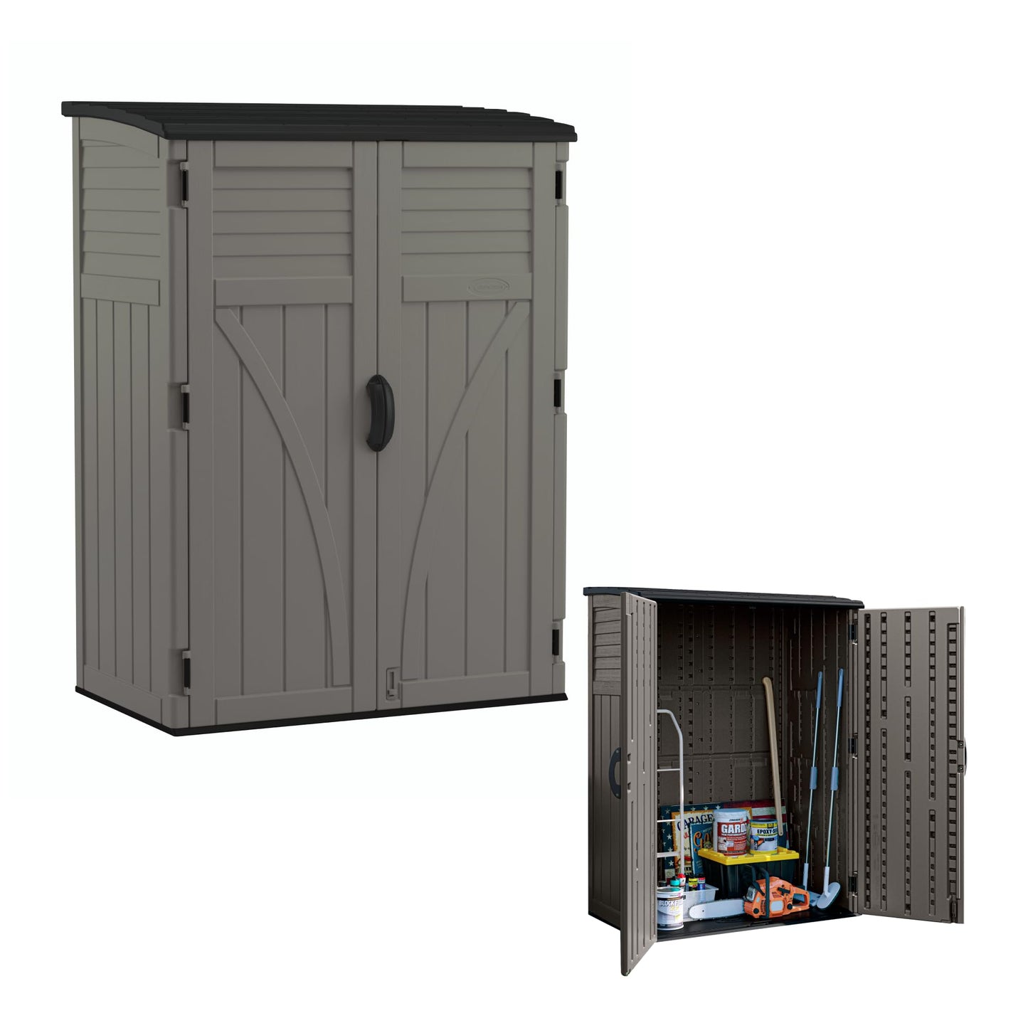 Suncast Outdoor Storage Cabinet Waterproof Resin Vertical Outdoor Storage Shed (54 cu. ft.) for Patio, Garden Tools, Cushions, & Equipment. Weatherproof Plastic Multi-Wall Design, Capacity Made in USA