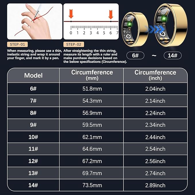 Smart Health Ring for Women Men, Fitness Tracker Ring with Heart Rate, Blood Oxygen, Sleep Tracker, Step Tracker, No Subscription Fee, IP68 Waterproof Smart Ring for iPhone & Android (Gold, 12#)
