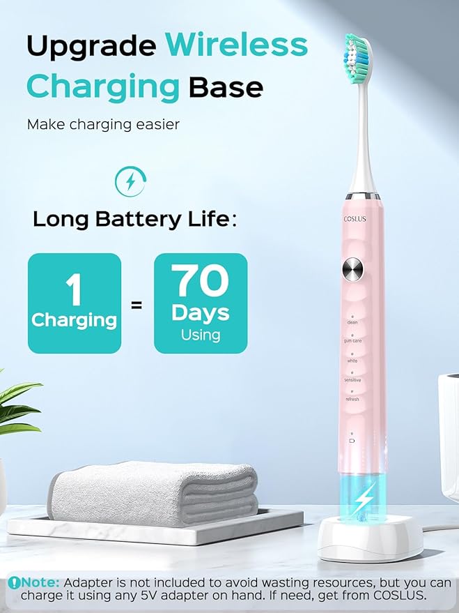 COSLUS Sonic Electric Toothbrush for Kids & Adults: 47000 VPM for Deep Cleaning & Whitening with Travel Case - 5 Modes for Sensitive Teeth & Braces, Wireless Charging, 6 Brush Heads, Pink (1PC)