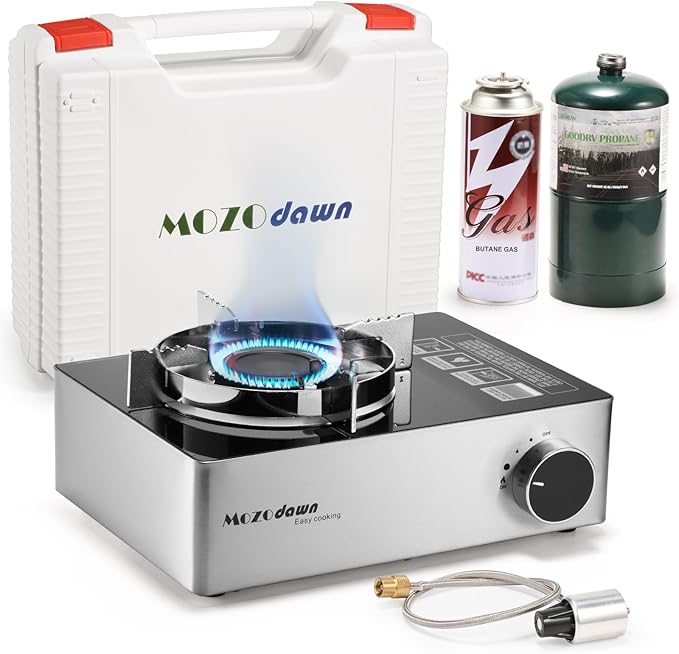 MOZODAWN Dual Fuel Camp Stove, 12000 BTU Portable Propane/Butane Stove with Case, Adapter Hose, Wind Guard, Single Burner ...