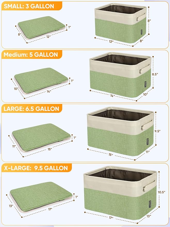 BALEINE 4 Pack Fabric Storage Bins for Shelves, Linen Storage Baskets for Organizing, Decorative Closet Bins for Clothes, Home (Green, 17''x13''x10.5'')