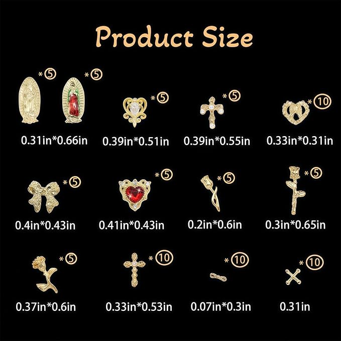 80pcs 3D Gold Nail Charms: Virgin Mary, Crosses, Roses, Bows, Hearts; Faithful Gold Metal Rhinestones for Nail Art, Special Events, Everyday Use