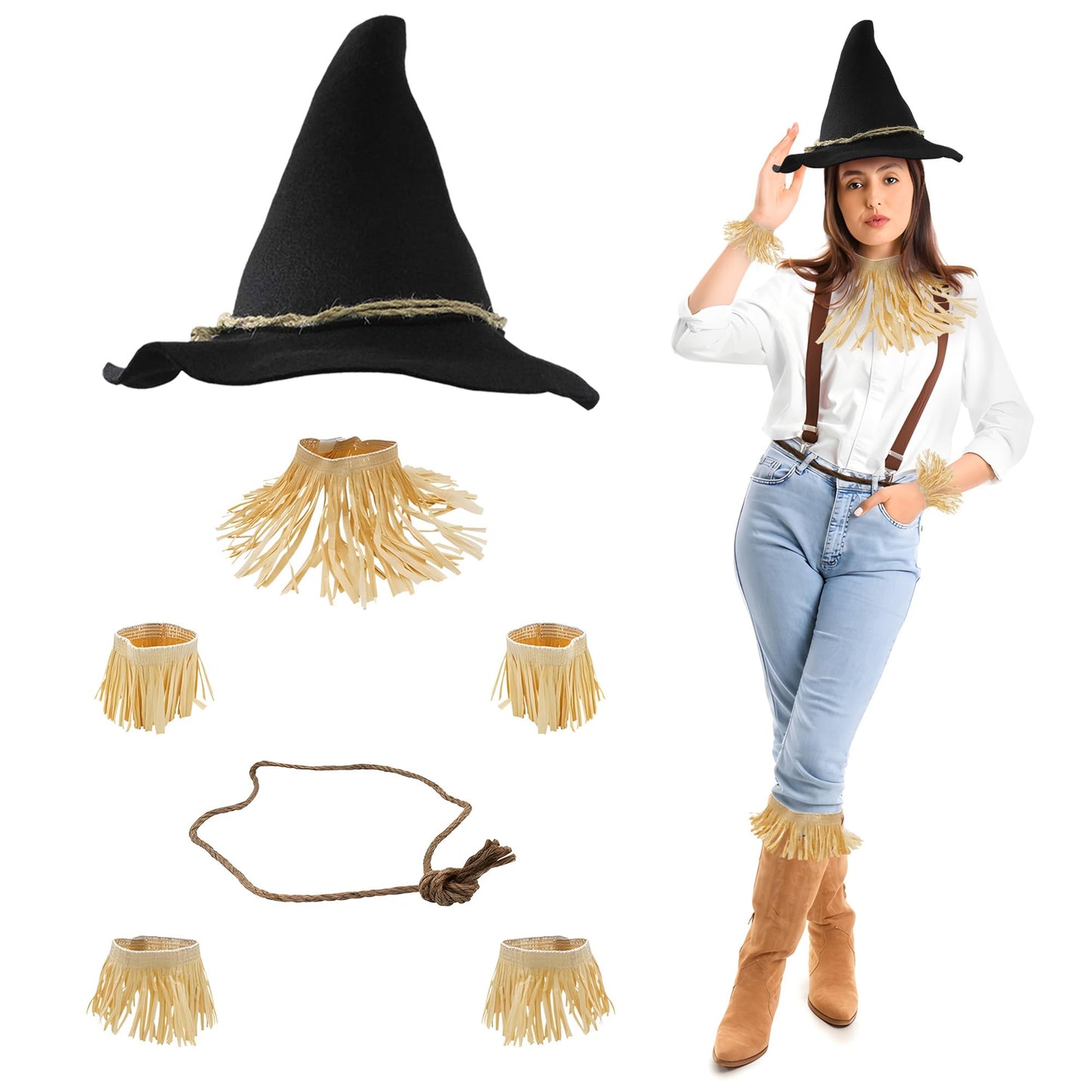 Nicky Bigs Novelties Adult Deluxe Felt Scarecrow Hat Rope Belt Straw Kit 11 Piece Accessory Set Oktoberfest Witch Hillbilly Costume, Black, One Size