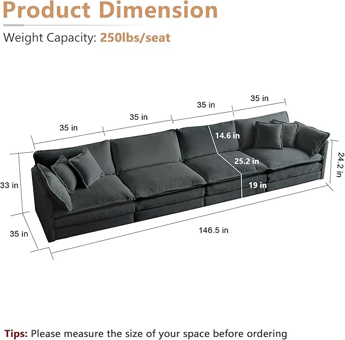 mikibama Luxury Modular Sectional Sofa, 146.5" Modern Chenille Comfy Cloud Couches for Living Room Office, 4 Seater Deep Sofa with 2 Armrest Pillows and 4 Toss Pillows, Grey