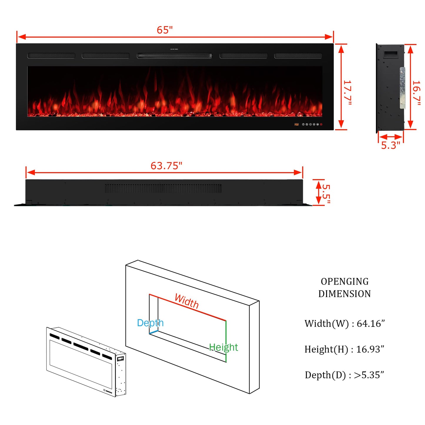 VINEMOUNT 65" Electric Fireplace Insert Recessed & Wall Mounted, Slim Large Screen, 13 Color Cycle Flame, APP& Touch Panel&Remote Control, 750W/1500W, Timer, Overheat Protection