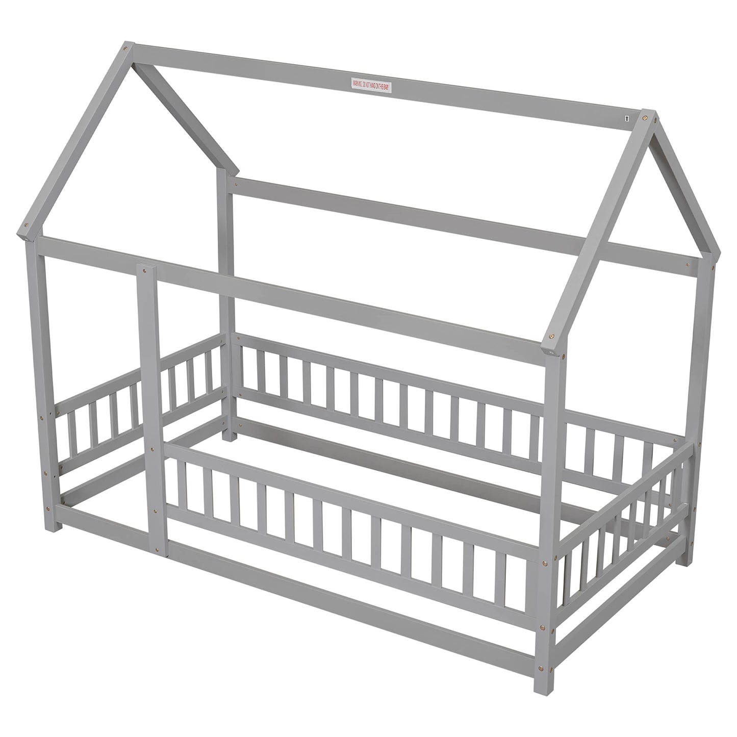 Bellemave Twin Size House Floor Bed Frame,Wooden Montessori Floor Bed with Fence for Kids,Twin Size Kids Bed,Gray