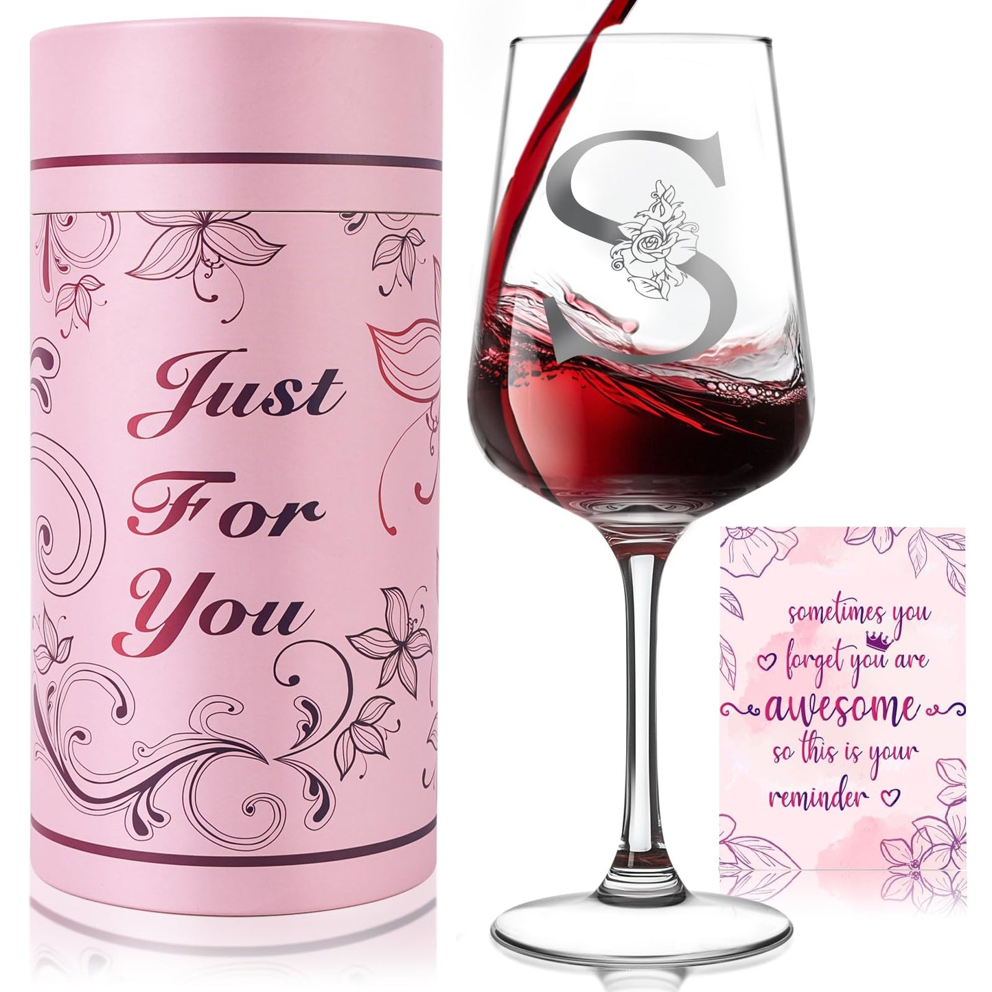 Personalized Monogram Wine Glass Gifts for Women - Customized A-Z Wine Glass with Gift Box & Greeting Card, Unique Birthday Anniversary Christmas Gifts for Her, Mom, Wife, Sister, Daughter, Friend (S)
