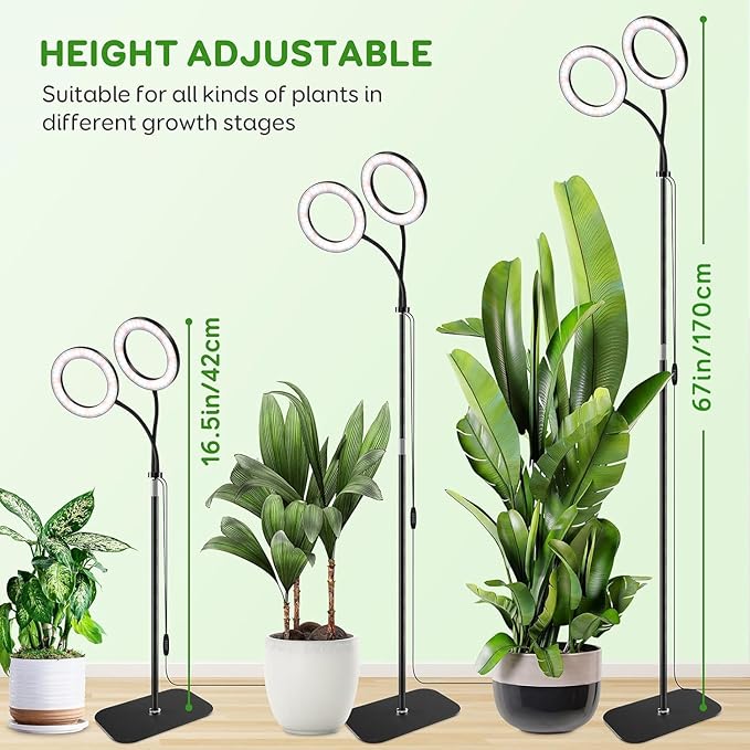 Dual Head Grow Light for Indoor Plants Full Spectrum Plant Light with 16.5"-68" for Growing Large Tall Plants Equipment with 3/9/12-hour Automatic Timers 3 Light Modes 10 Dimmable Levels
