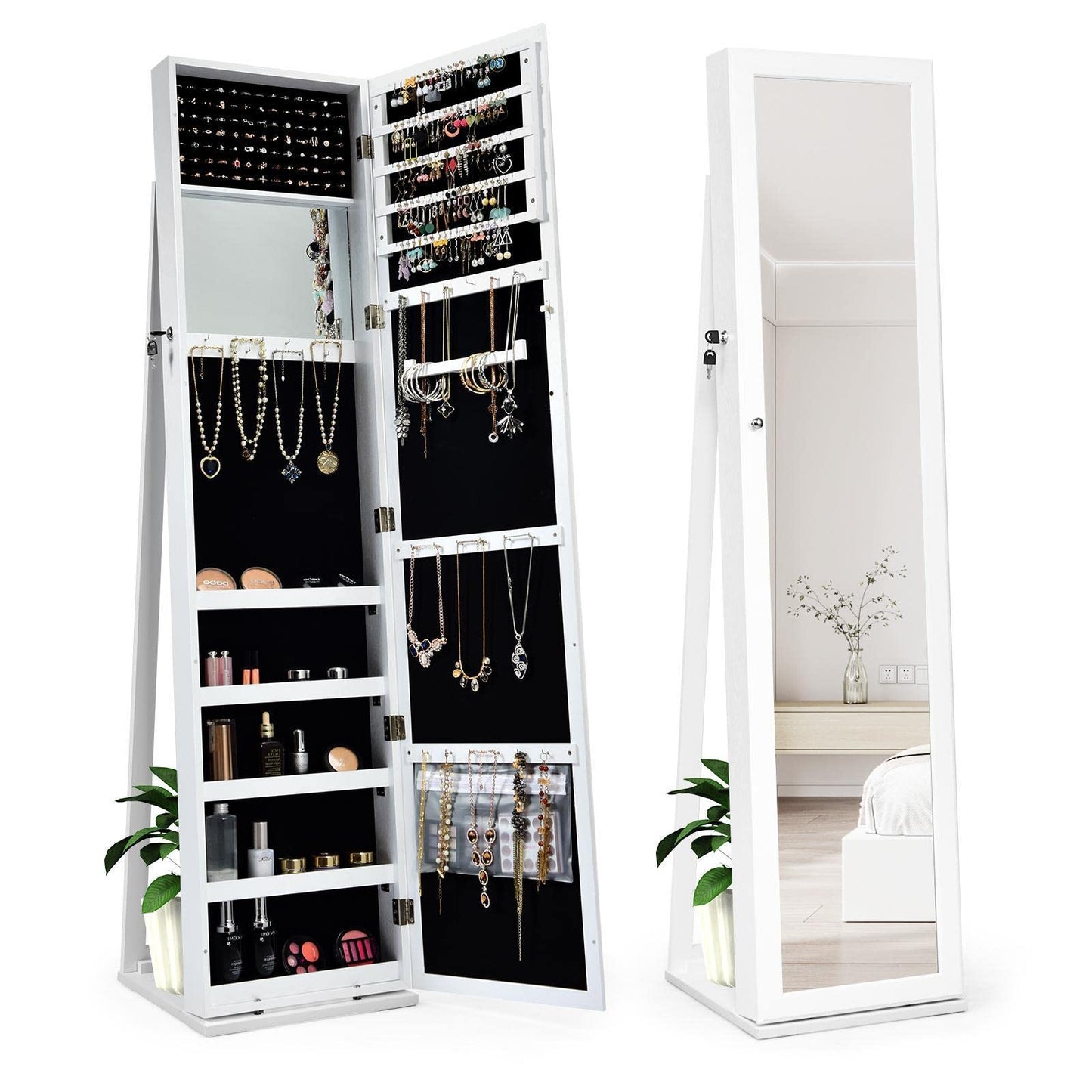 FANTASK Full Length Mirror Jewelry Cabinet, Free Standing Jewelry Armoire w/Inside Makeup Mirror, Stable Base, Large Storage Capacity, White Lockable Jewelry Cabinet Organizer, Easy Assembly