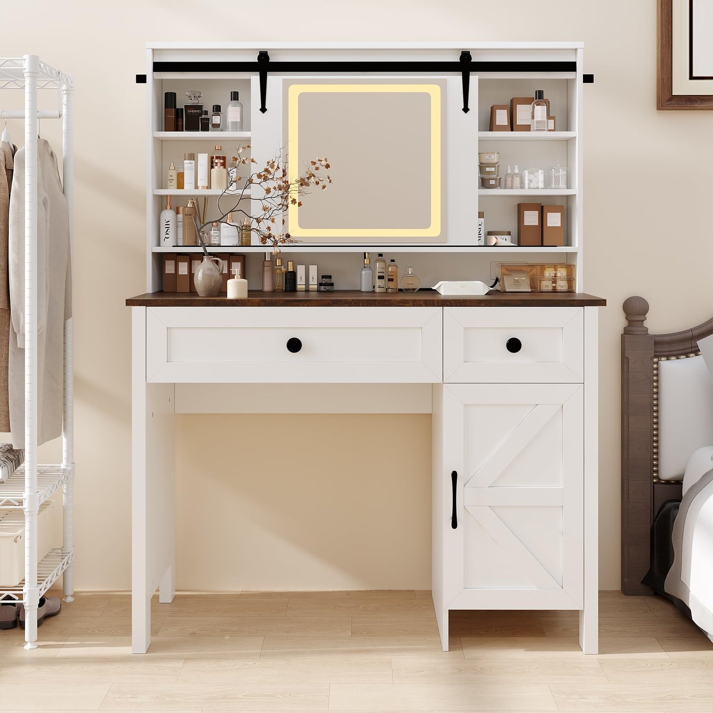 Garvee Vanity Desk with LED Lighted Mirror & Power Outlet, Makeup Table with 3 Drawers, Cabinet & Storage Stool, Dressing Table with Shelves for Bedroom, White