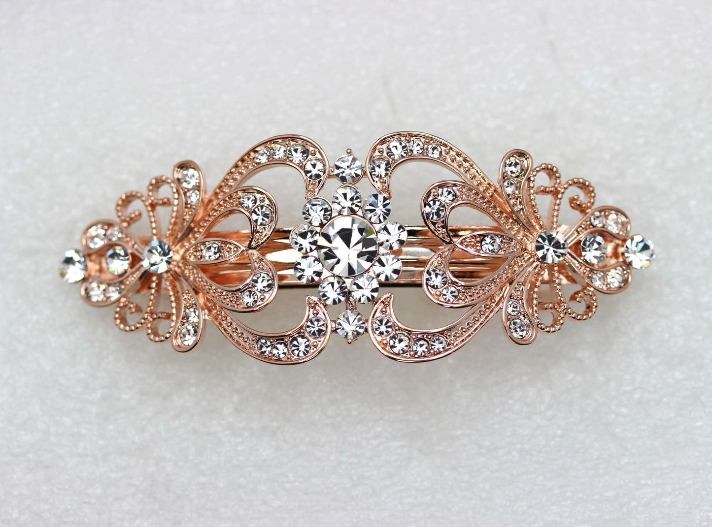 Faship Clear Crystal Rose Gold Plated Hearts And Floral Hair Barrette