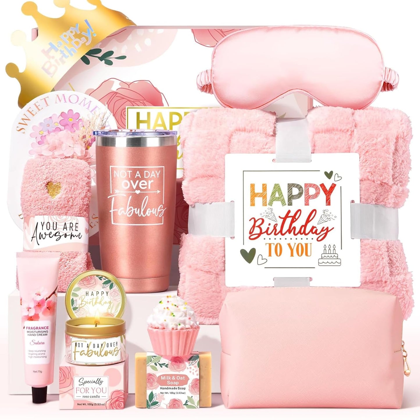 Birthday Gifts for Women Friendship, Unique Happy Birthday Gift Basket for Mom Wife Her Best Friend Sister Girlfriend Coworker W/Flannel Blanket, Luxury Self Care Box Rose Relaxing Spa Gifts Set