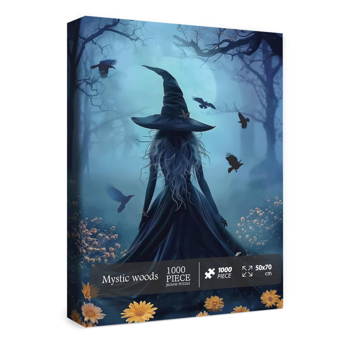 Halloween Witch Puzzle for Adults 1000 Pieces, Horror Holiday Jigsaw Puzzle, Fall Autumn Flower Bird Moon Aesthetic Forest Magic Women Puzzle