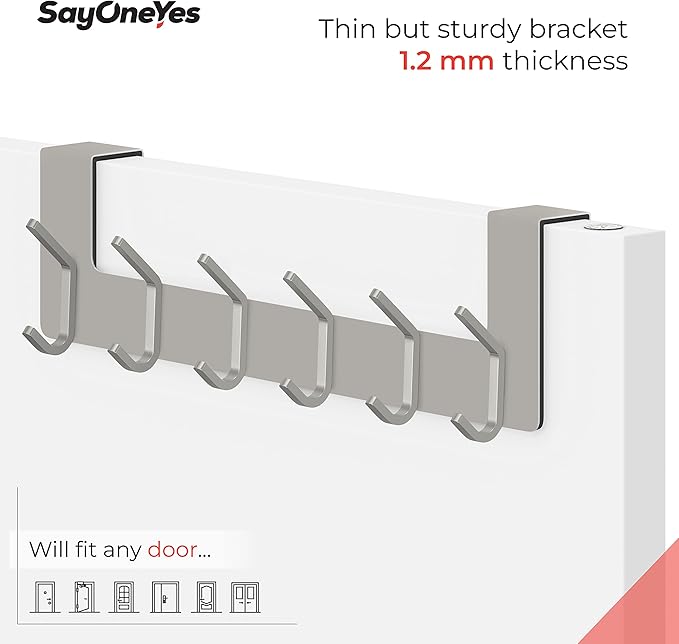 Brushed Nickel Over The Door Hooks, Heavy Duty Stainless Steel Door Hanger with 6 Double Hooks for Hanging Towels, Coats, Robes, Hats, Bags, No Drill Over Door Towel Rack for Bathroom, Bedroom, 2 Pack