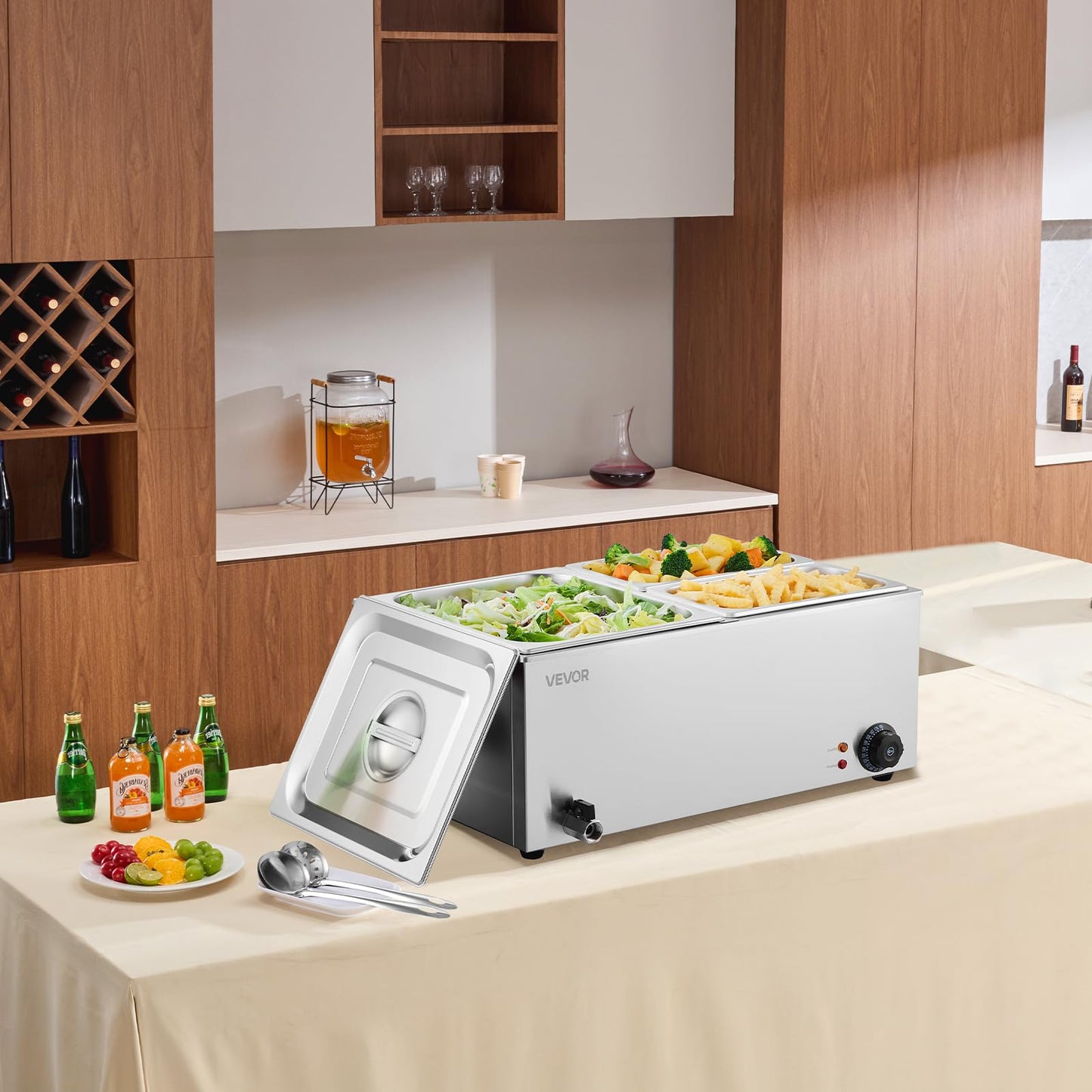 VEVOR 3-Pan Commercial Food Warmer, 24QT Electric Steam Table, 1200W Professional Countertop Stainless Steel Buffet Bain Marie with 86-185°F Temp Control for Catering and Restaurants, Silver