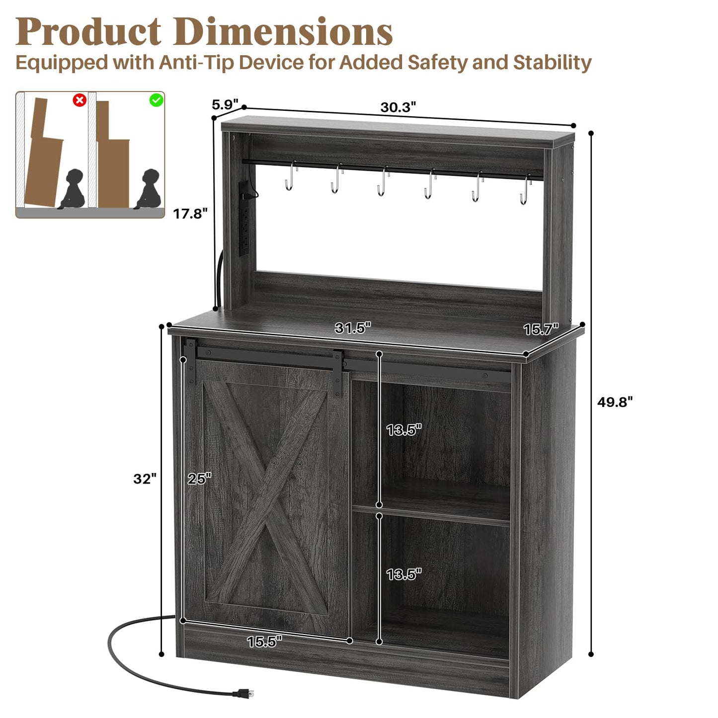 Homieasy Farmhouse Coffee Bar Cabinet with Charging Station & Led Lights, Charming Buffet Cabinet with Hutch, Customizable Storage with Barn Door Style, Perfect for Kitchen, Living Room, Black Oak
