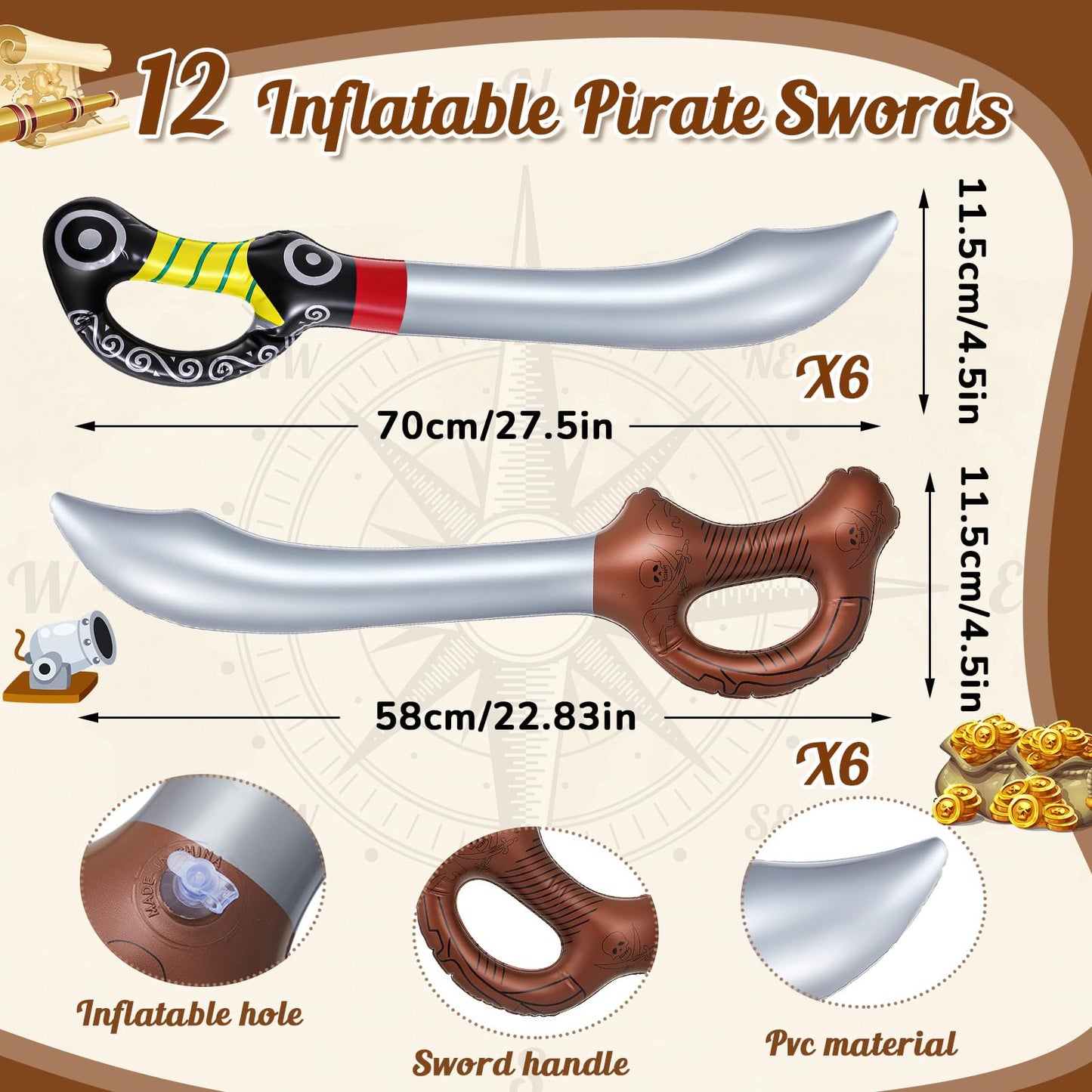Cunhill 14 Pcs Pirate Party Set Birthday Pirate Party Decoration 1 Pc Funny Inflatable Pirate Ship Drink Cooler 1Pc Blow up Treasure Chest 12 Pcs Kid Sword for Supplies Beverage Serving Container Pool