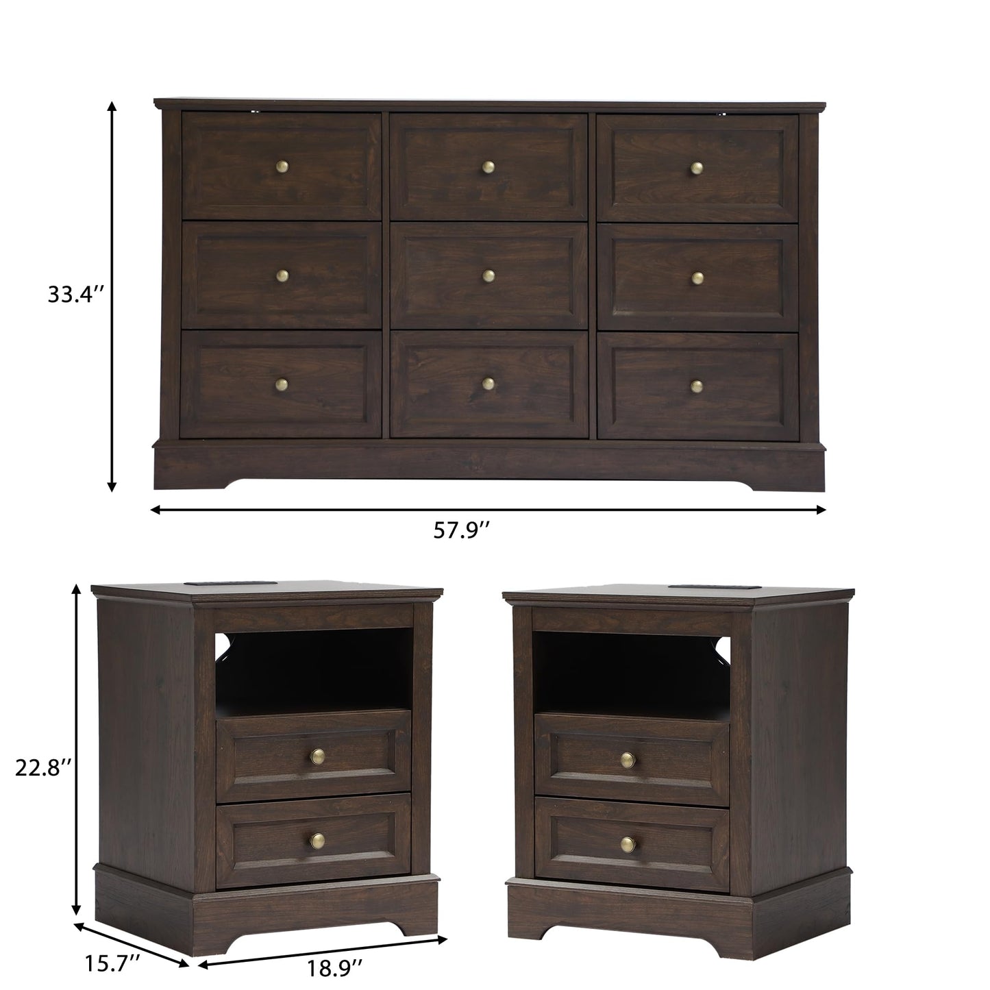 KIGOTY Dressers Bedroom Set of 3, 3 Piece Farmhouse Dresser Set, 9 Drawer Dresser and Nightstand Set of 2 with Charging Station, Bedroom Furniture Set (Brown, 9 Drawer+Nightstand)