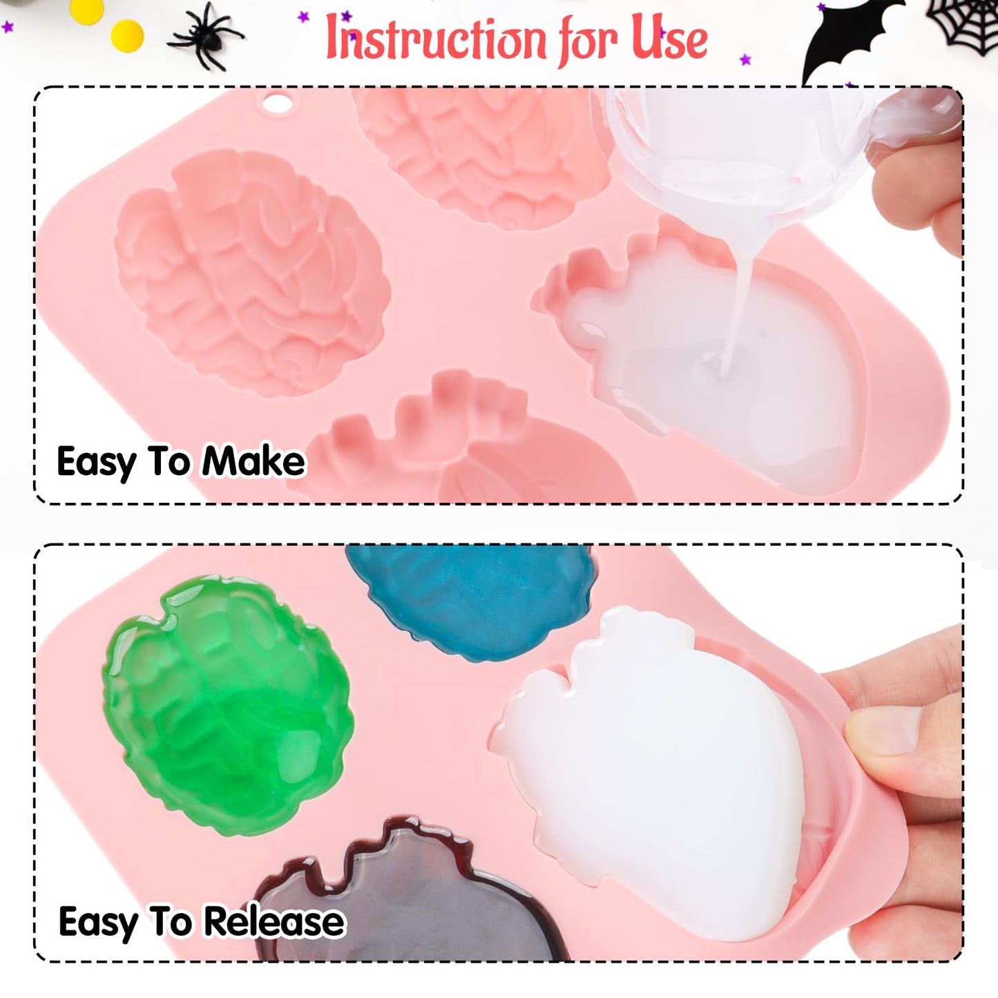HOMQYTE Silicone Ice Cube Trays 2PCS Brain Skull RIP Gravestone Mold for Ice, Candy, Cake, Soap, Chocolate, Halloween (Pink&Gray, 2P Brain Heart)
