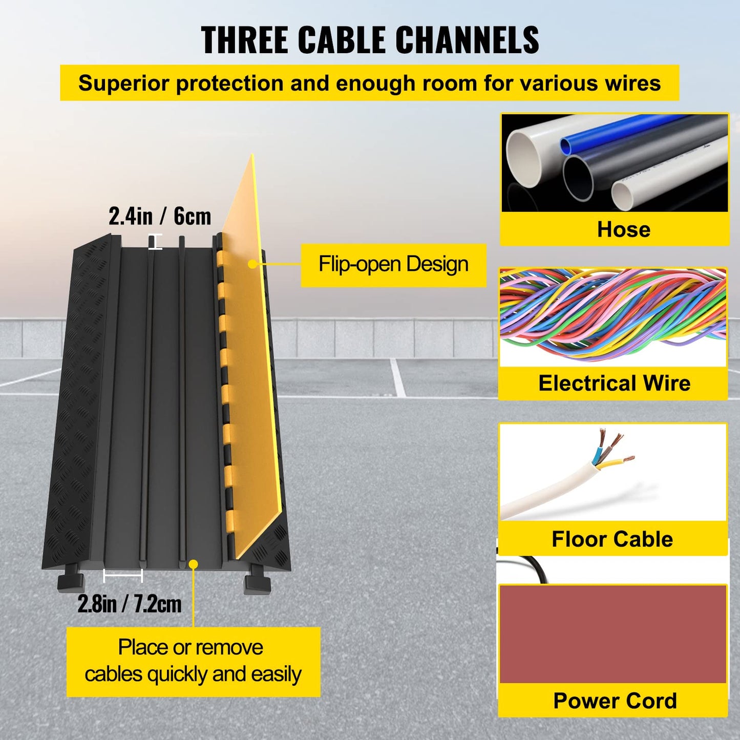 Vevor 3-Channel Rubber Cable Protector Ramps Heavy Duty 44000Lbs Load Capacity Cable Wire Floor Cord Cover Ramp Speed Bump Drive