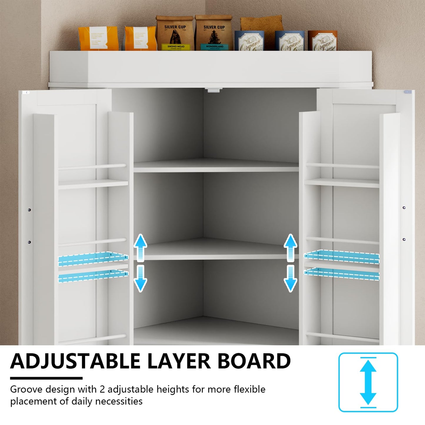 Gyfimoie Corner Cabinet,Kitchen Pantry Storage Cabinets,Freestanding Corner Pantry Cabinet with 4 Doors and Shelves,Tall Food Pantry Farmhouse Furniture with Side Rack for Kitchen Dining Room (White)