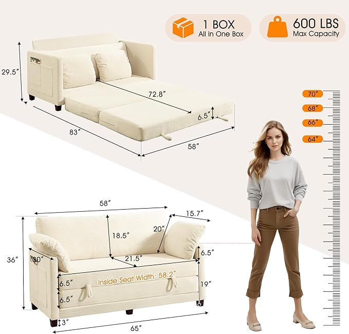 kakuboohi 65" Loveseat Sleeper Sofa Bed, Corduroy Convertible Sofa Bed for Small Spaces, Folding Couch Bed with Deep Seat, 2 Pillows & Solid Frame, Pull Out Floor Couches for Living Room, Beige
