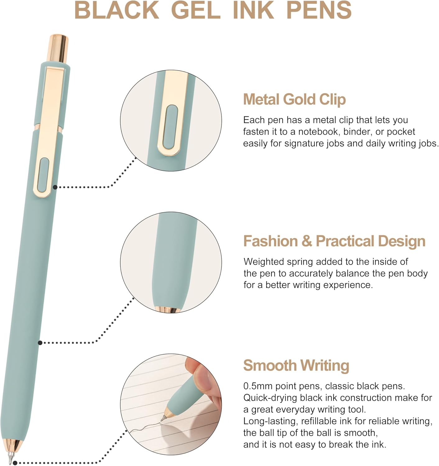 Linbsunne Gel Pens Black Ink Pens for Office 0.5mm Fine Point Pen Smooth Writing Retractable (Metal gold clip-10 pcs)