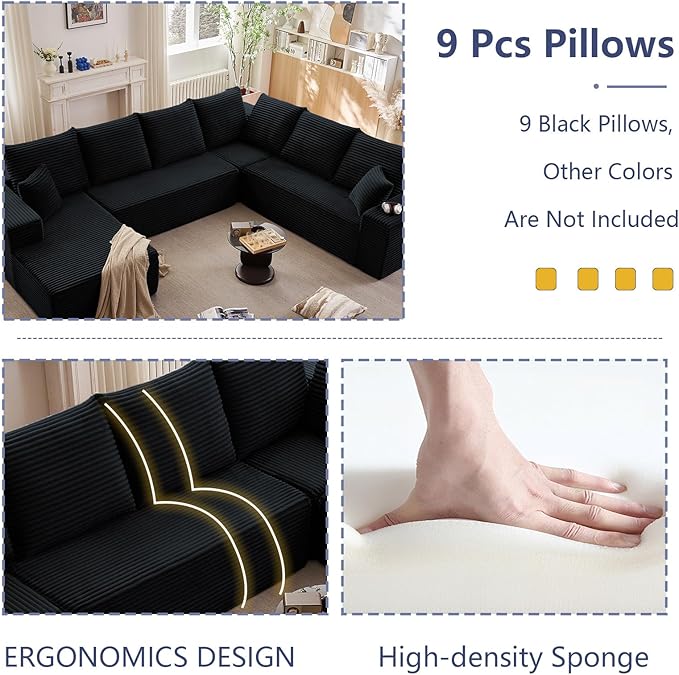 137" Cloud Sectional Couch with L-Shape Chaise, Modern Corduroy Boneless Couch for Living Room,Memory Foam Sofa with Deep Seat,No Assembly Required (Black,Left-Facing Chaise)