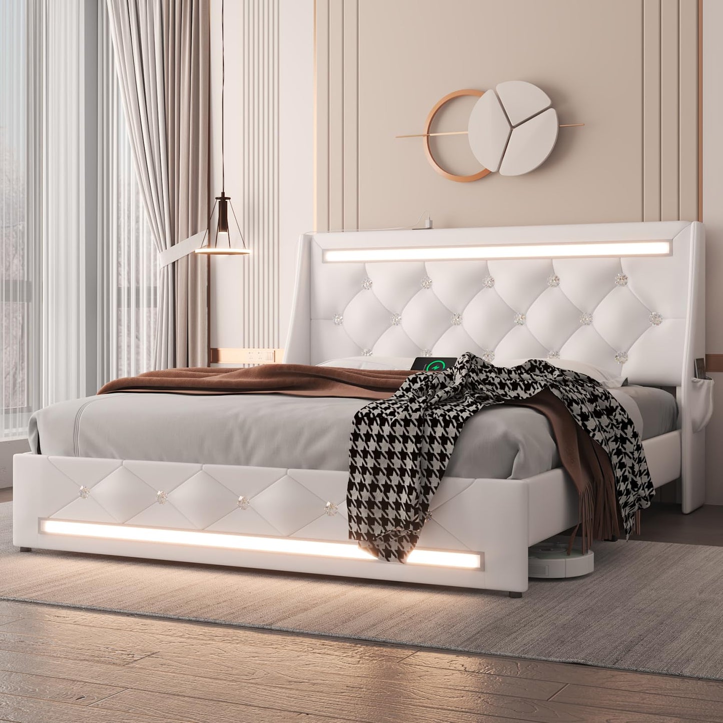 E-Motie Queen Bed Frame with LED Lights and Charging Station, Wingback Upholstered Diamond Tufted Storage Headboard, Noise-Free, Solid Wood Slats,No Box Spring Needed, Easy Assembly, White