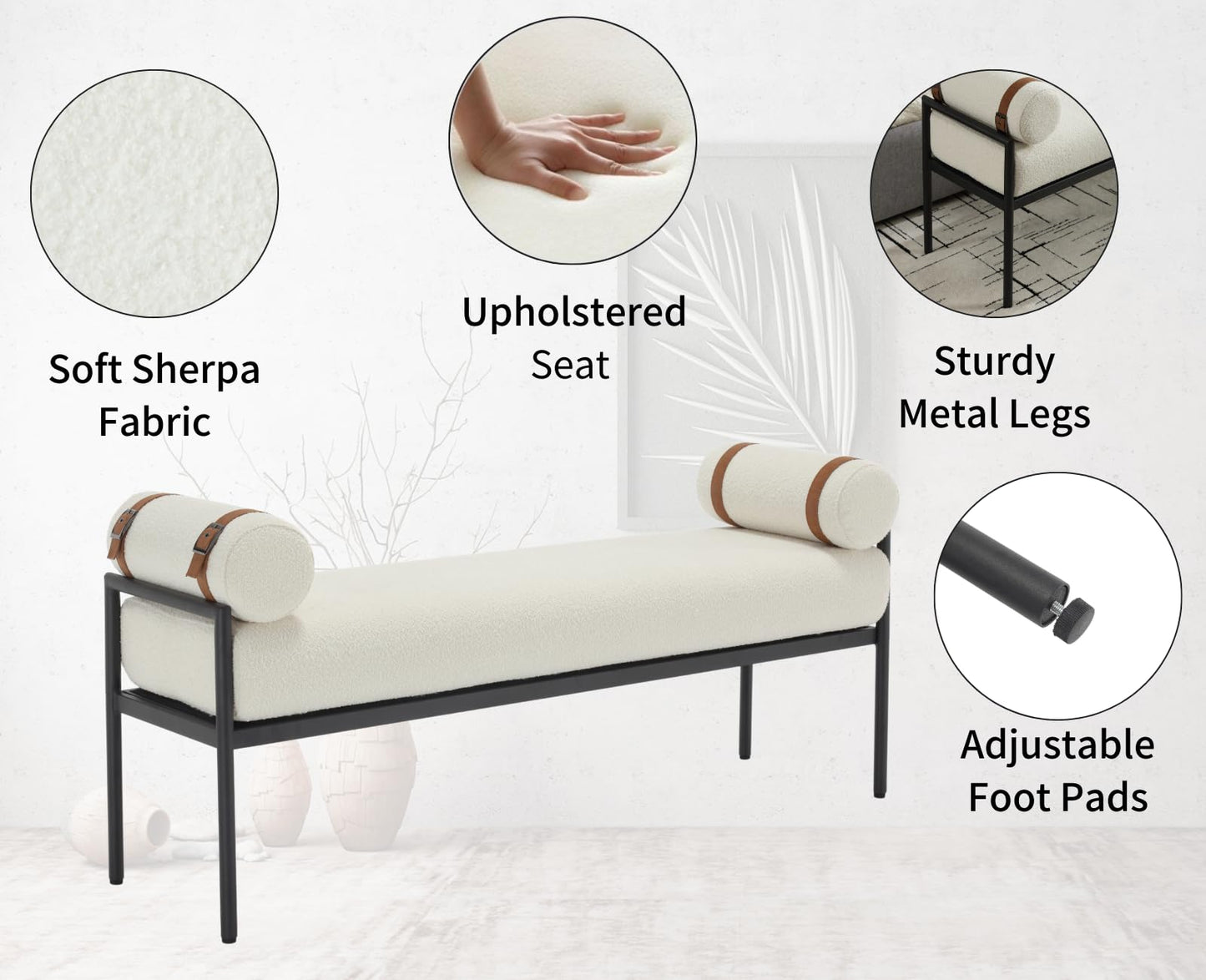 Shunzhi White Sherpa Modern End of Bed Bench Upholstered Entryway Bench with Detachable Cylindrical Pillows/Metal Legs Boucle Ottoman Bench for Living Room/Bedroom/Hallway/Corner, 55Inch