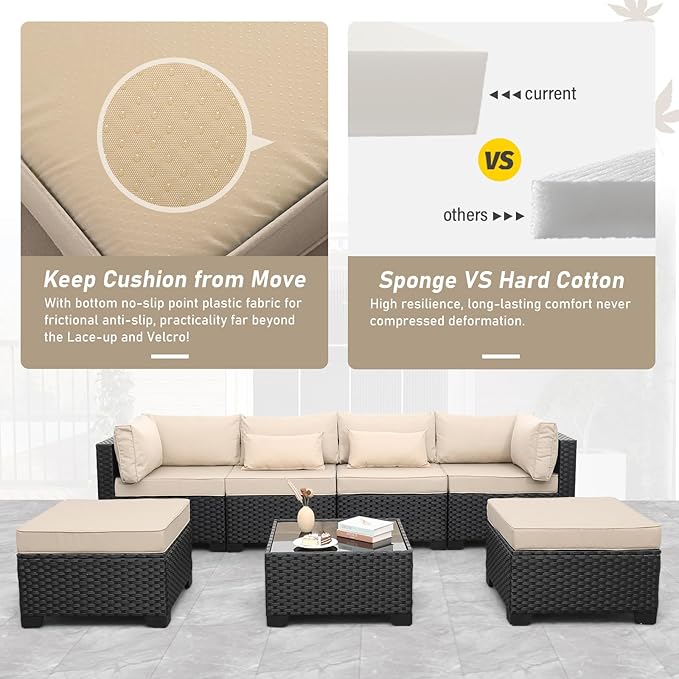 Lviden 7 Pieces Outdoor PE Wicker Furniture Set Patio Rattan Sectional Conversation Sofa Set with Khaki Cushions and Glass Top Table