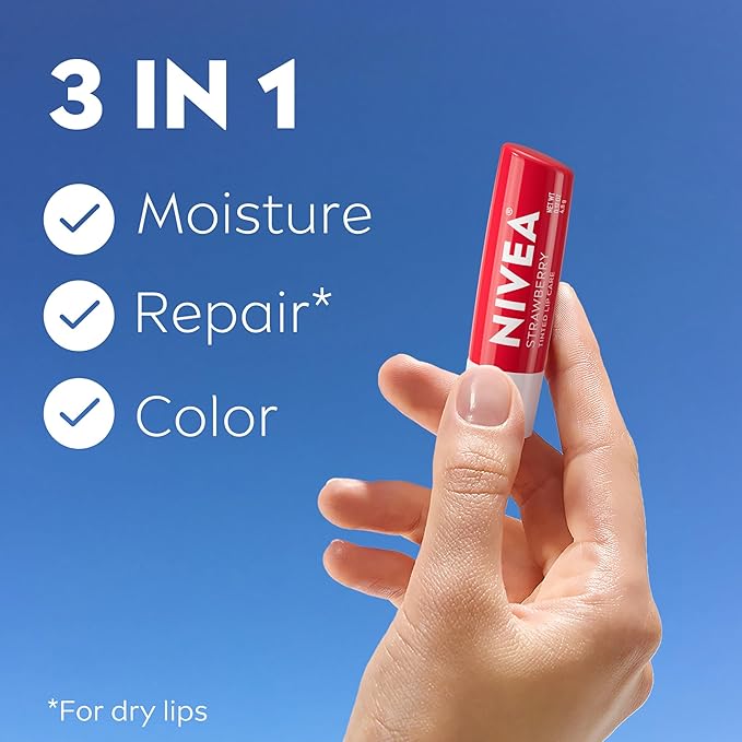 NIVEA Strawberry Lip Care, Tinted Lip Balm Pack with Shea Butter, Nourishing Oils and Vitamin C & E, 3-in-1 Moisture, Repair and Color, 0.17 Oz Stick, Pack of 4