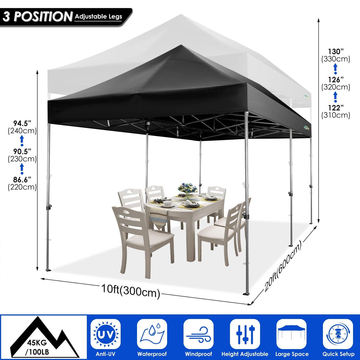 COBIZI 10x20 Heavy Duty Pop up Canopy Tent with 6 sidewalls Easy Up Commercial Outdoor Canopy Wedding Party Tents for Parties All Season Wind & Waterproof Gazebo with Roller Bag,Black(Frame Thickened)