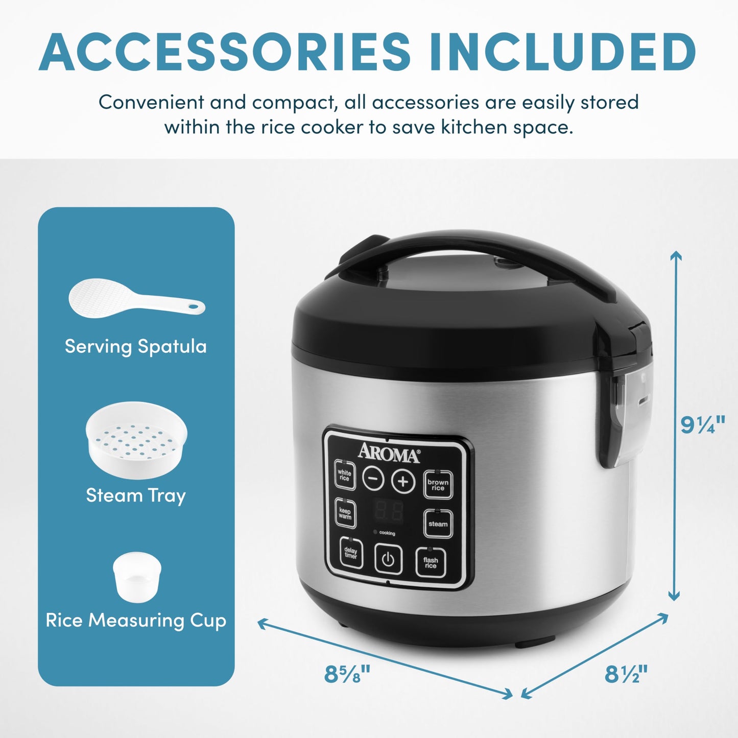 AROMA Digital Rice Cooker, 4-Cup (Uncooked) / 8-Cup (Cooked), Steamer, Grain Cooker, Multicooker, 2 Qt, Stainless Steel Exterior, ARC-914SBD