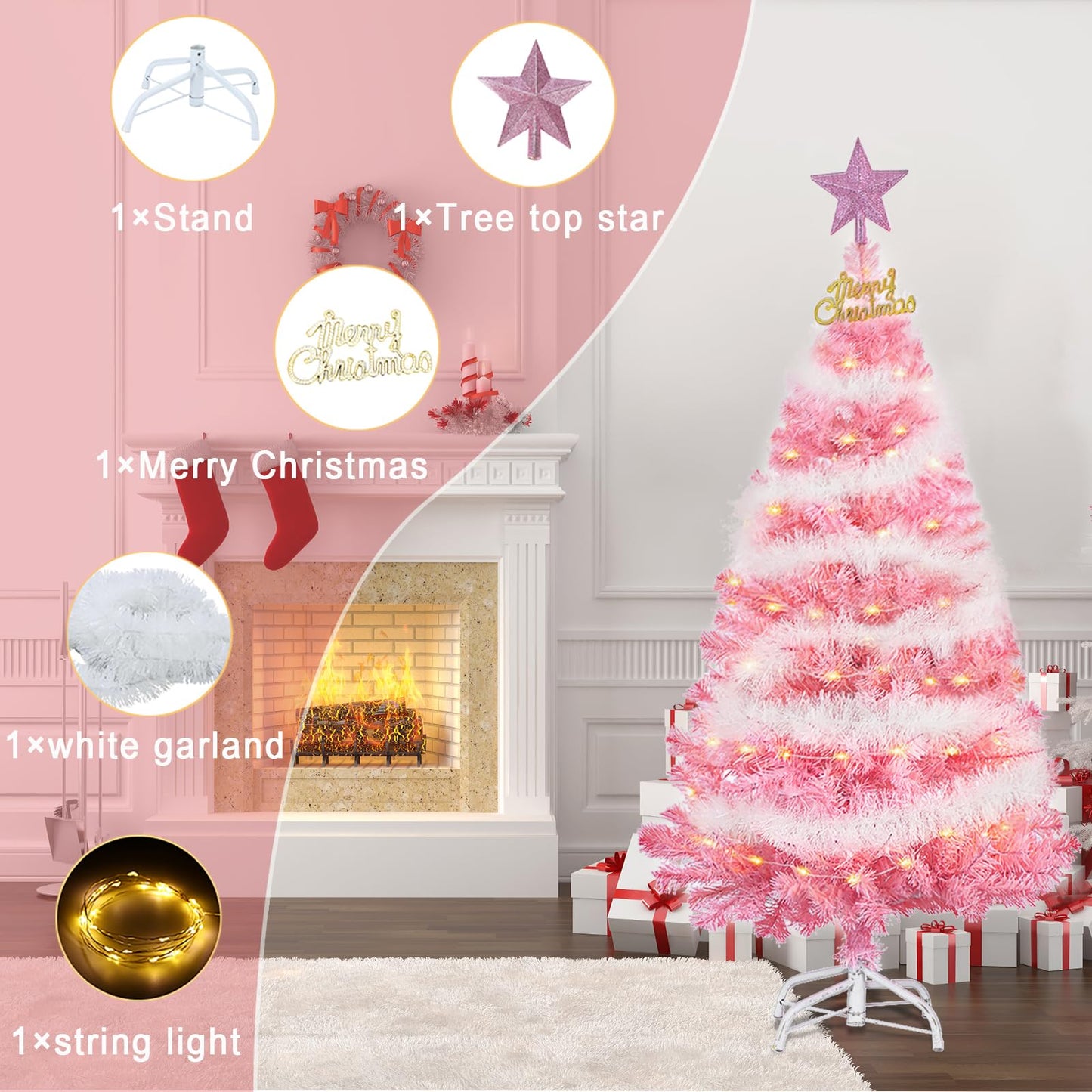 4FT Artificial Christmas Tree, Xmas Pine Tree with Metal Xmas Tree Stand,Pink Christmas Tree for Holiday, Home, Office, Party Decoration