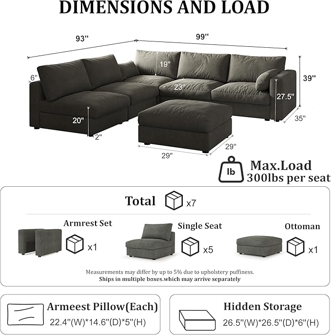 Cloud Modular Sectional Sofa Couch with Storage Ottoman, 99" Oversized Sectional Couches for Living Room, Cloud Modular L-Shaped Sofa with Chaise, 6 Seater, Chenille, Dark Gray