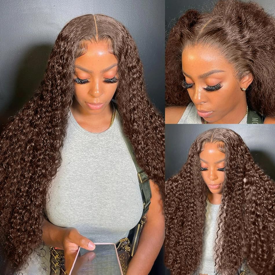 ABSFWIW 34" Chocolate Brown Lace Front Wig - Human Hair, 200% Density, 13x6 Deep Wave, Pre Plucked with Baby Hair
