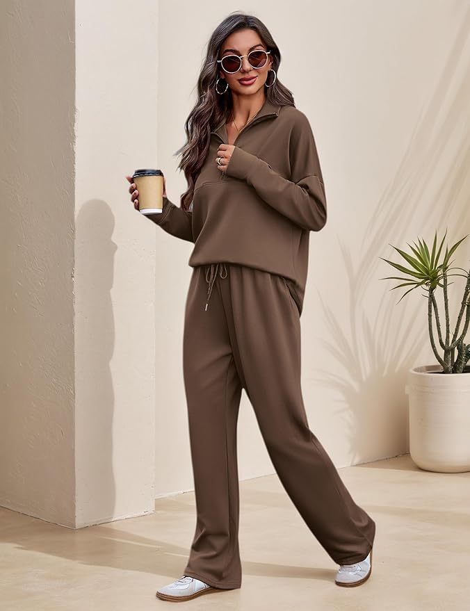 Totatuit Womens Sweatsuits 2 piece Set Lapel Half Zip Lightweight Sweatshirts and Wide Leg Pants Tracksuit Lounge Sets