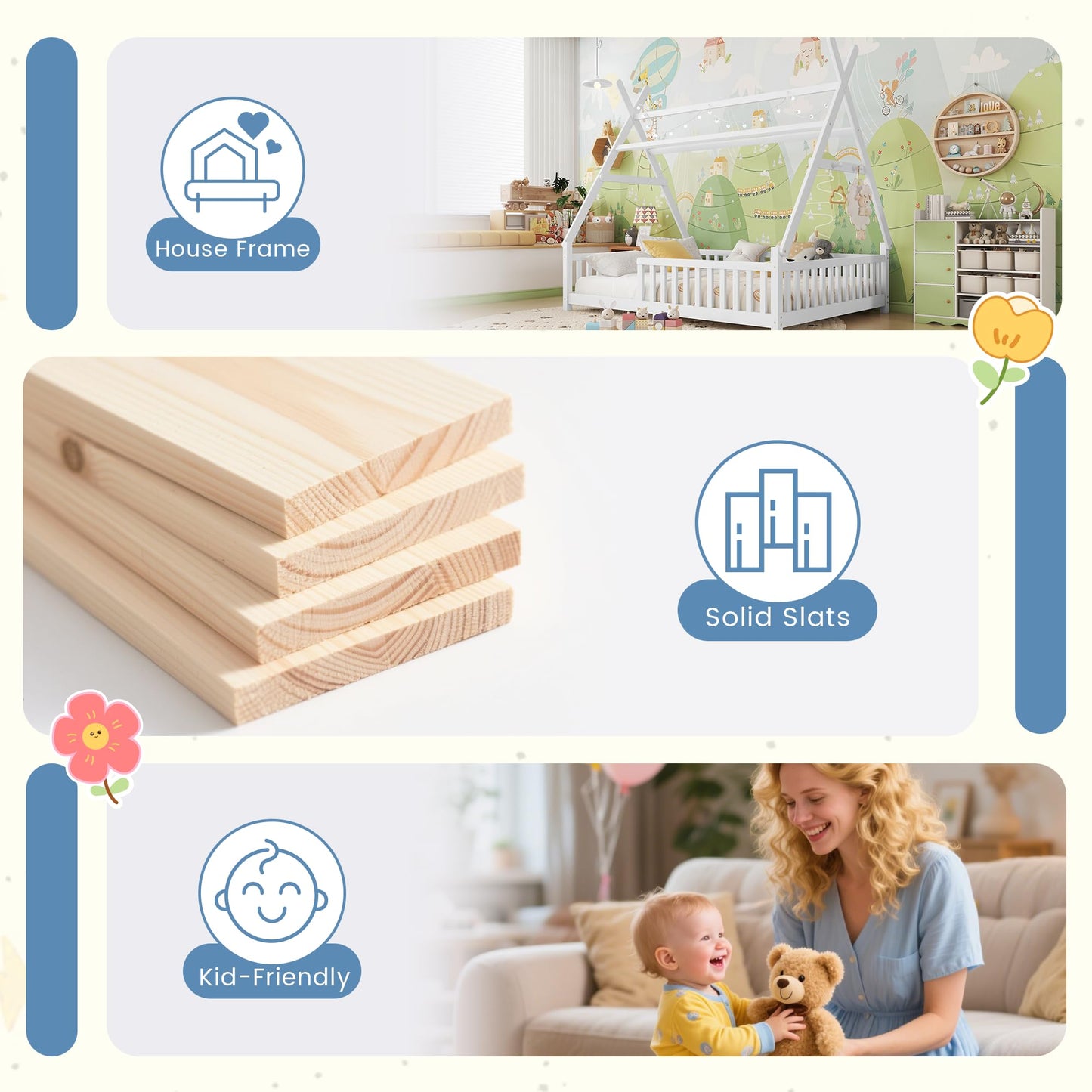 Mirightone Teepee Floor Bed for Kids, Full Size Montessori Beds with Rails, Detachable Floor Tent Bed with Slats and Hanging Rack, Wood House Bedframe for Boys Girls, White