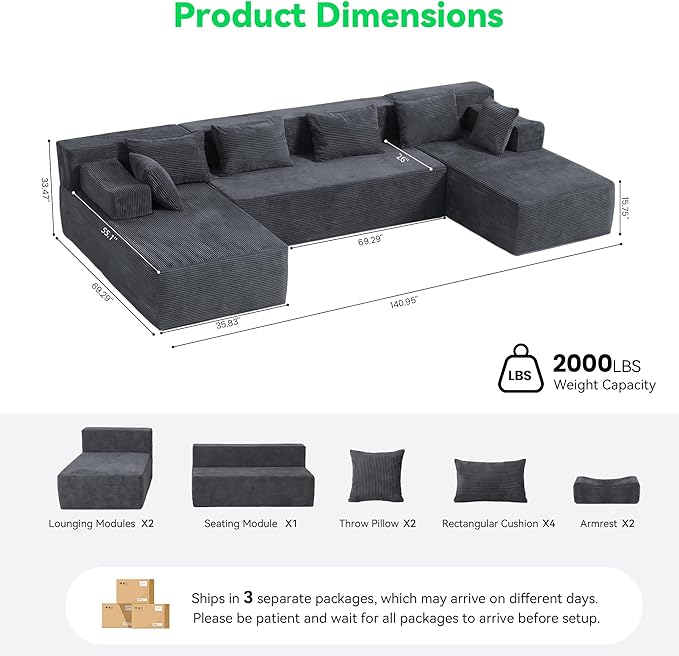 MONVANE 141'' Modular Sectional Sofa, PRO Version U-Shape Boneless Couch, Oversized Deep Seating Cloud Couch, No Assembly, High-Resilience Foam, Soft Corduroy Fabric, for Living Room Apartments Grey | High-Resilience Foam